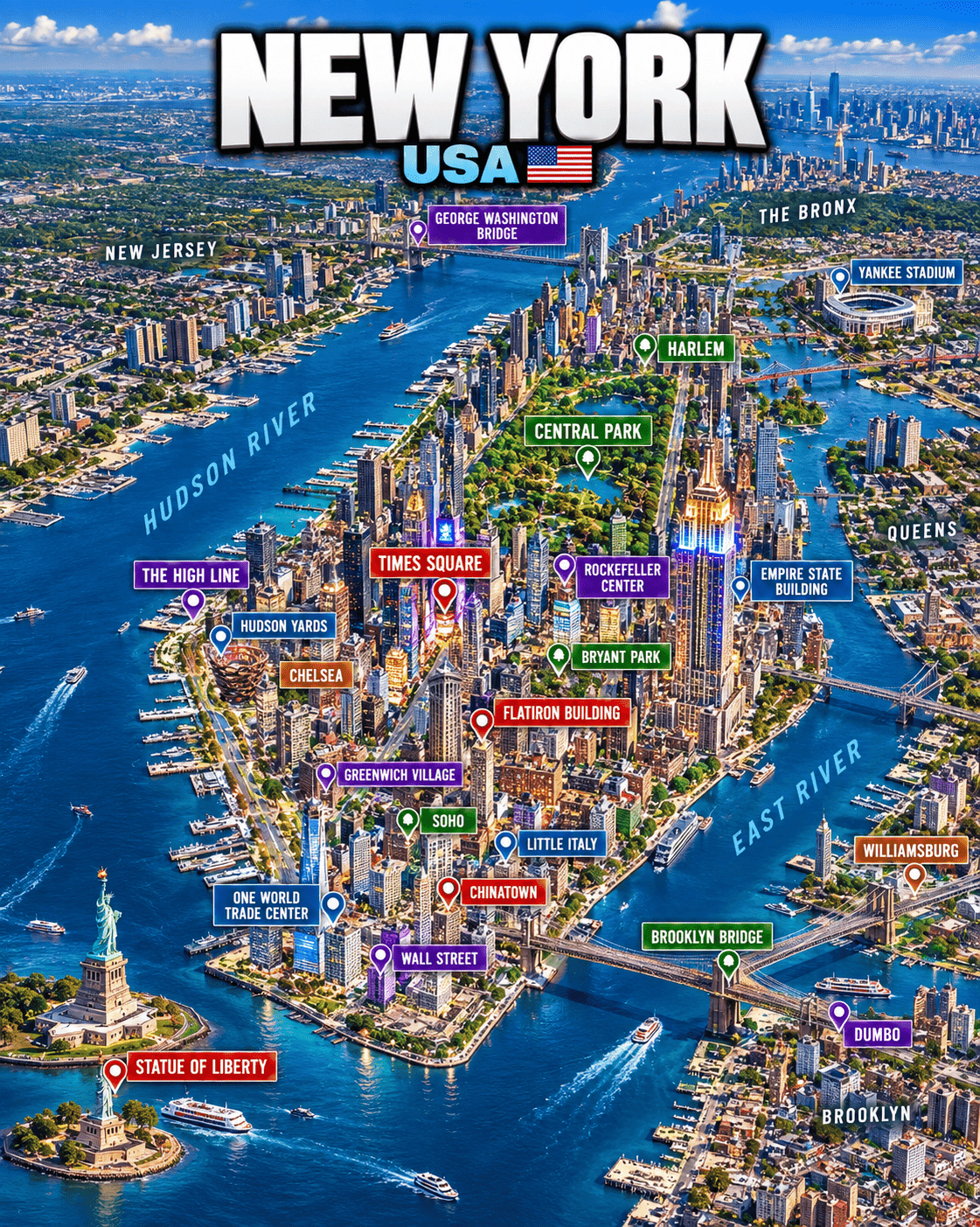 New York tourist map with Times Square, Central Park, the Empire State Building, the Statue of Liberty, the Brooklyn Bridge, Wall Street, SoHo, and other highlights