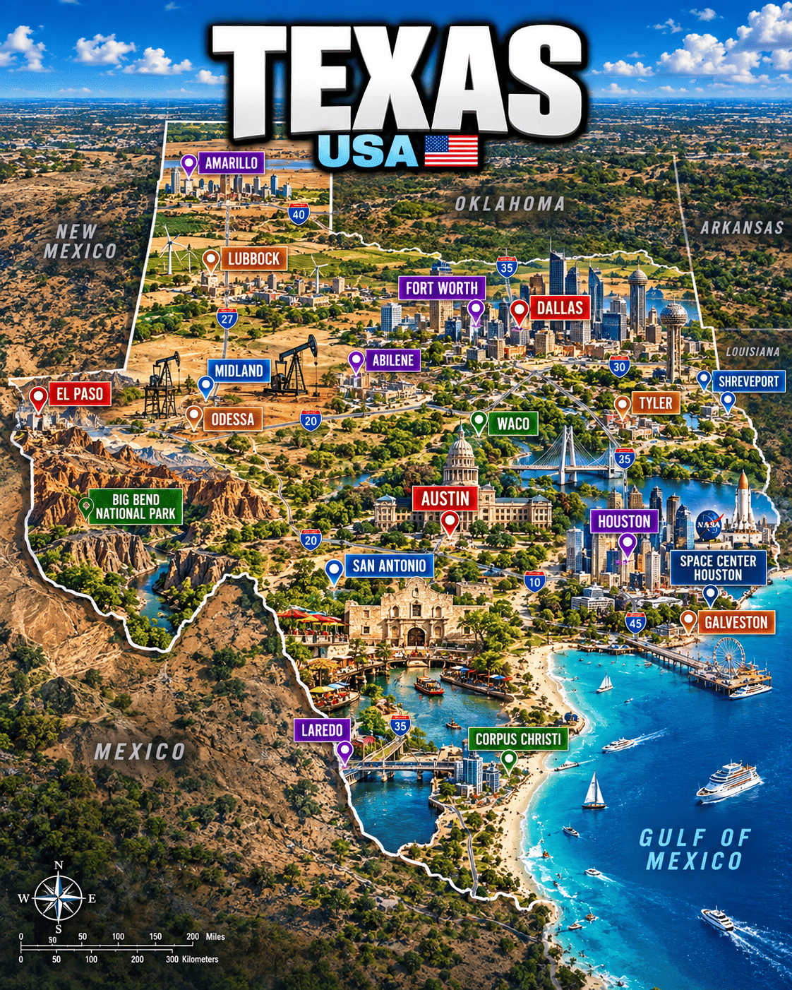 Tourist map of Texas with Dallas, Houston, Austin, San Antonio, Fort Worth, Big Bend National Park, Galveston, Corpus Christi and other destinations