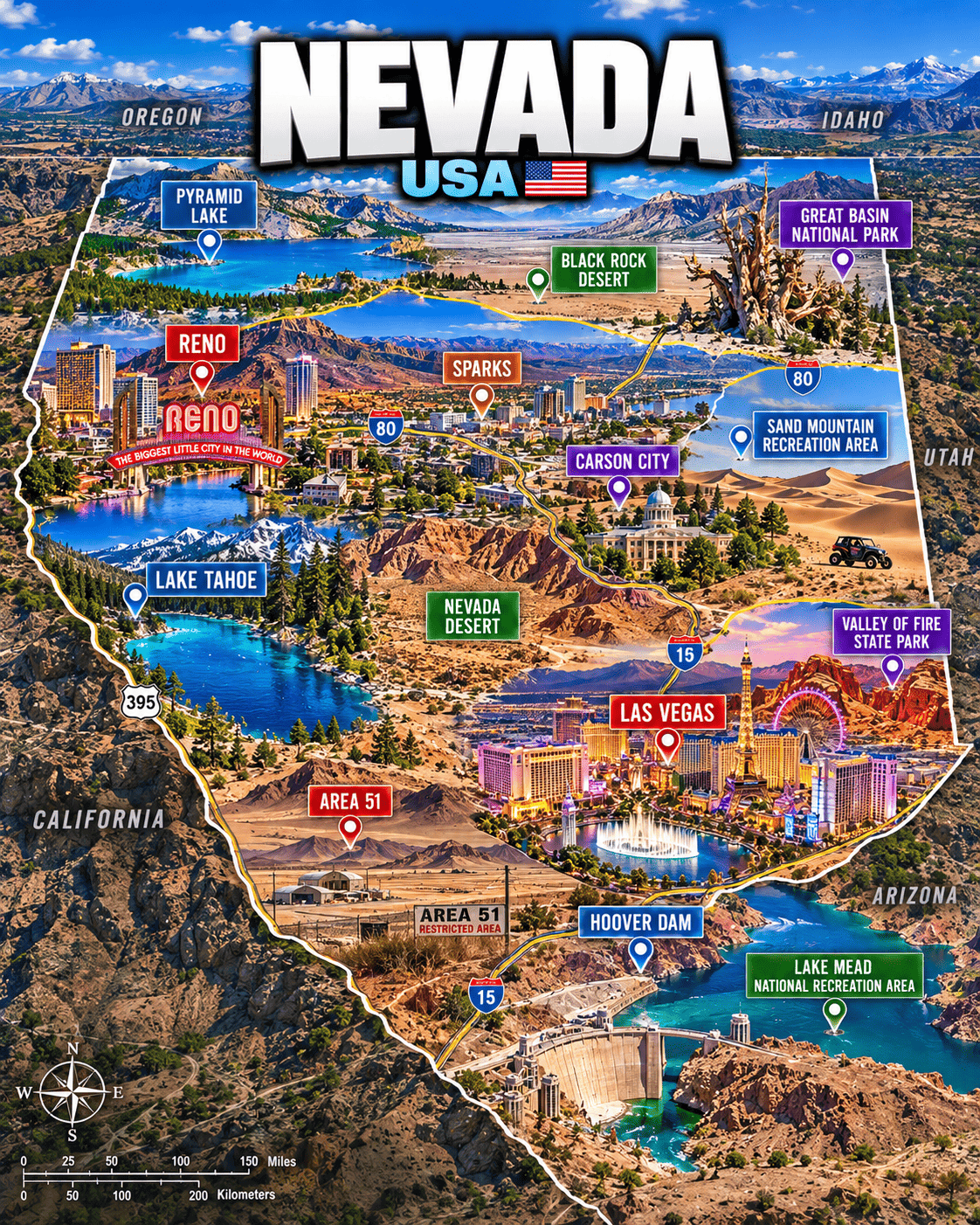 Nevada tourist map with Las Vegas, Reno, Lake Tahoe, Hoover Dam, Valley of Fire, Great Basin National Park, Area 51 and other highlights