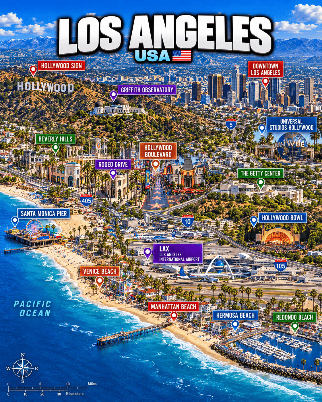 Los Angeles tourist map with Hollywood Sign, Griffith Observatory, Downtown Los Angeles, Universal Studios Hollywood, Beverly Hills, Santa Monica, Venice Beach and other highlights