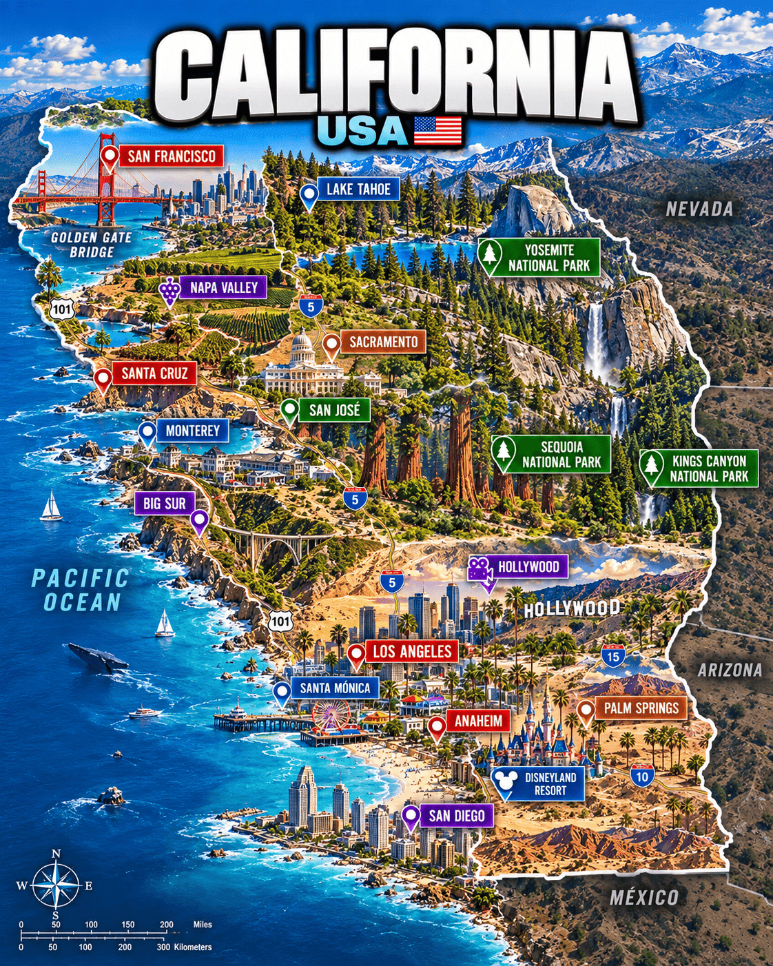 Tourist map of California with San Francisco, Los Angeles, San Diego, Yosemite National Park, Lake Tahoe, Disneyland Resort and other destinations