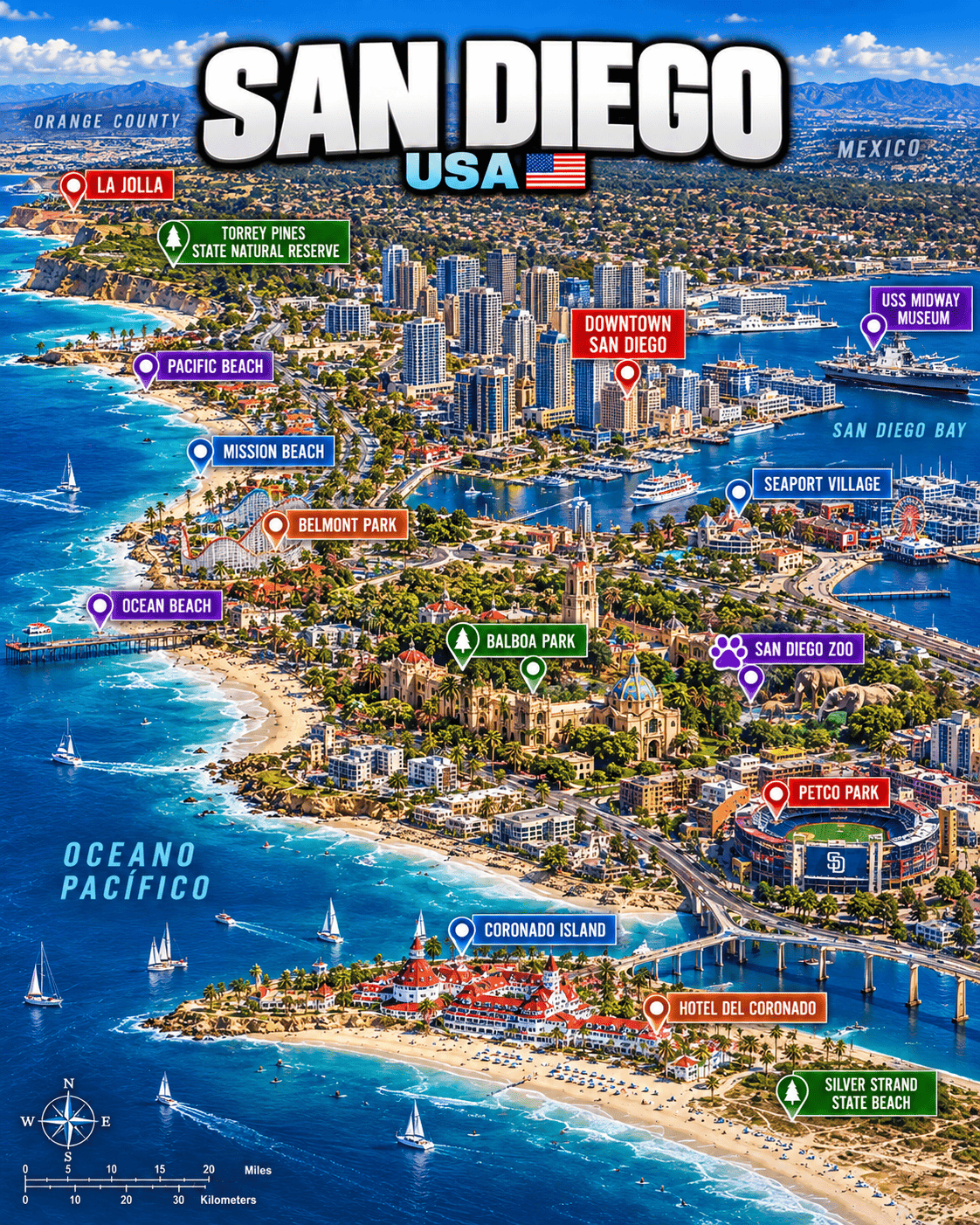 Mapa turístico de San Diego con La Jolla, Torrey Pines, Pacific Beach, Mission Beach, Downtown San Diego, Balboa Park, San Diego Zoo, Coronado y otros lugares destacados