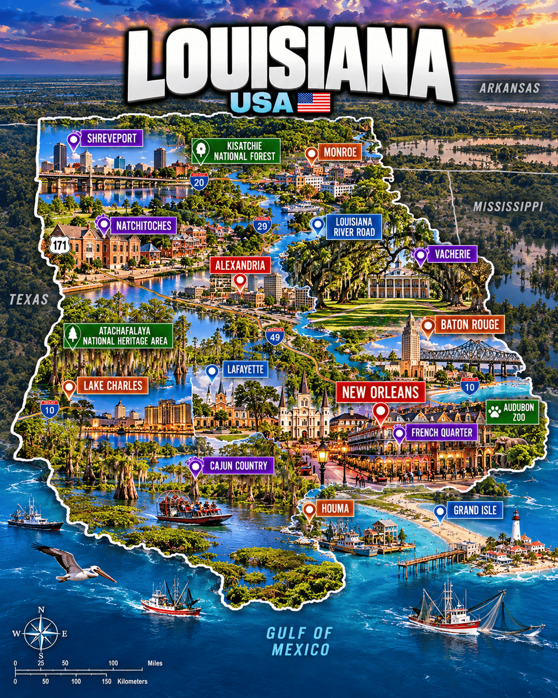 Tourist map of Louisiana with New Orleans, Baton Rouge, Lafayette, Shreveport, French Quarter, Cajun Country and other highlights