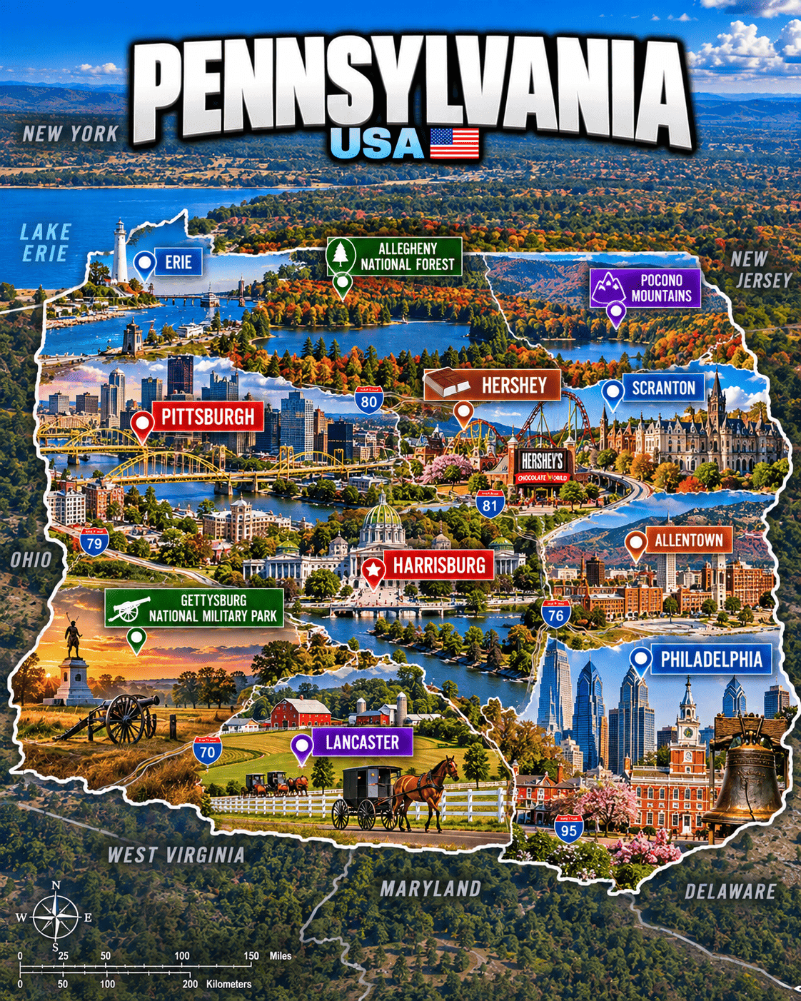 Tourist map of Pennsylvania with Philadelphia, Pittsburgh, Hershey, Gettysburg, Lancaster, the Pocono Mountains, Erie, and other destinations