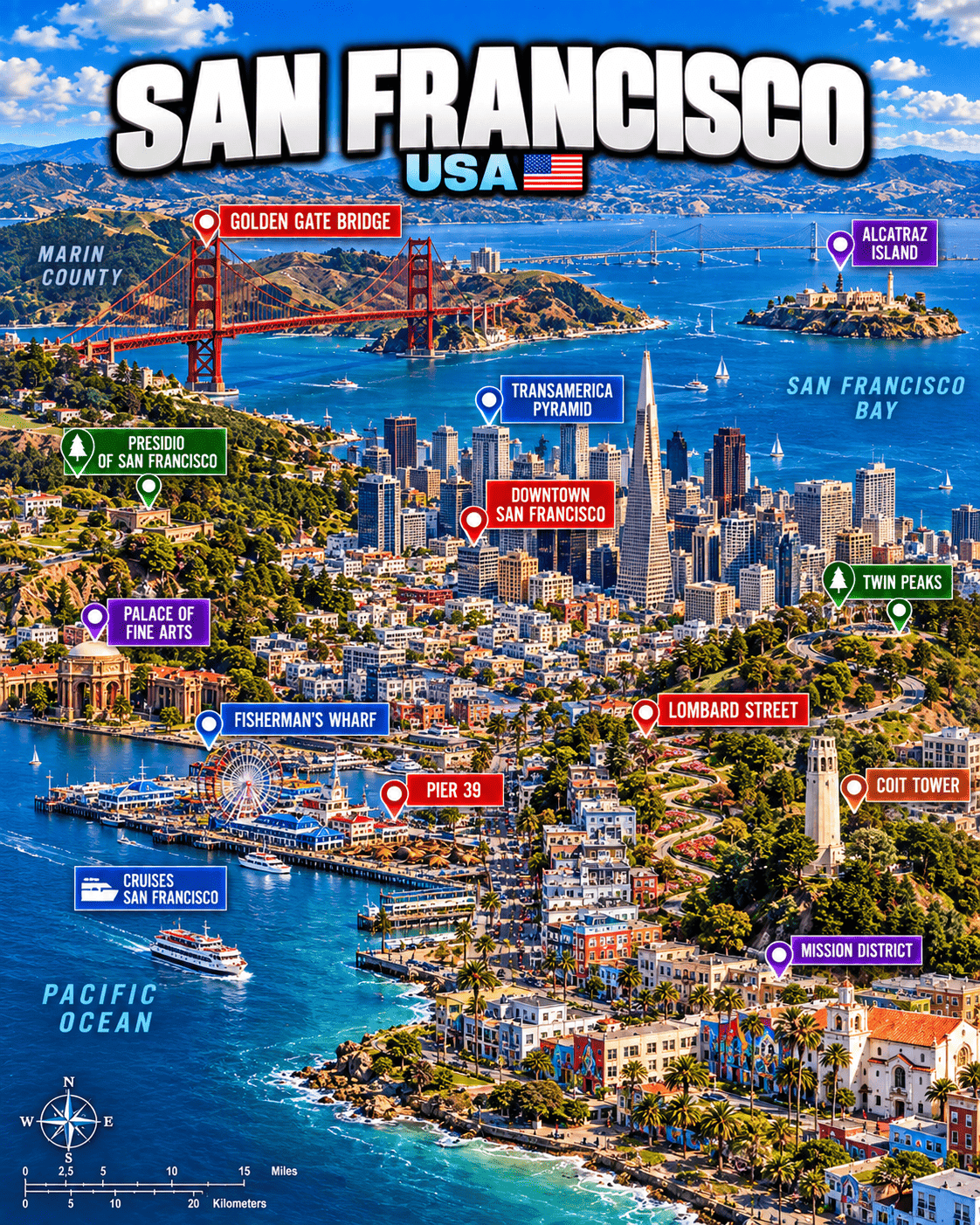 San Francisco tourist map with Golden Gate Bridge, Alcatraz Island, Downtown San Francisco, Fisherman's Wharf, Pier 39, Lombard Street, Twin Peaks and other highlights
