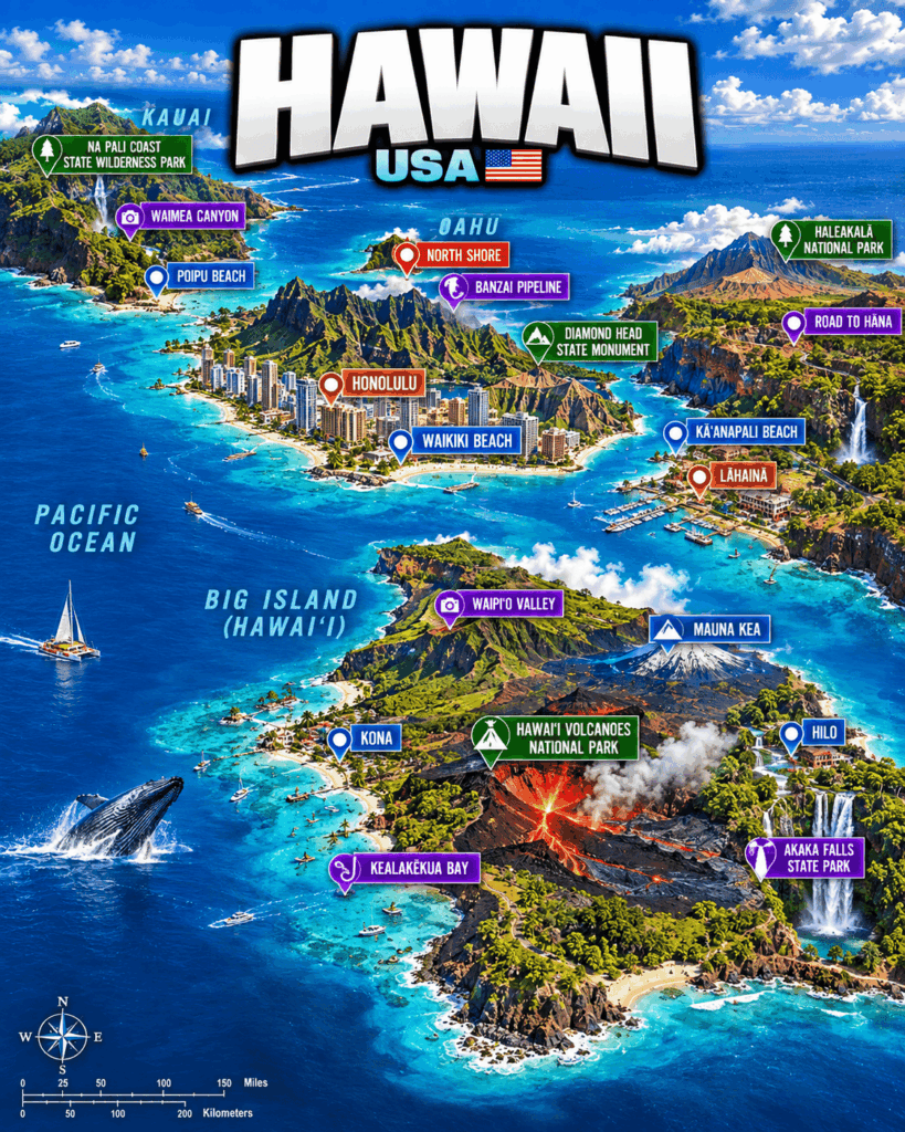 mapa de puntos turisticos en Hawaii