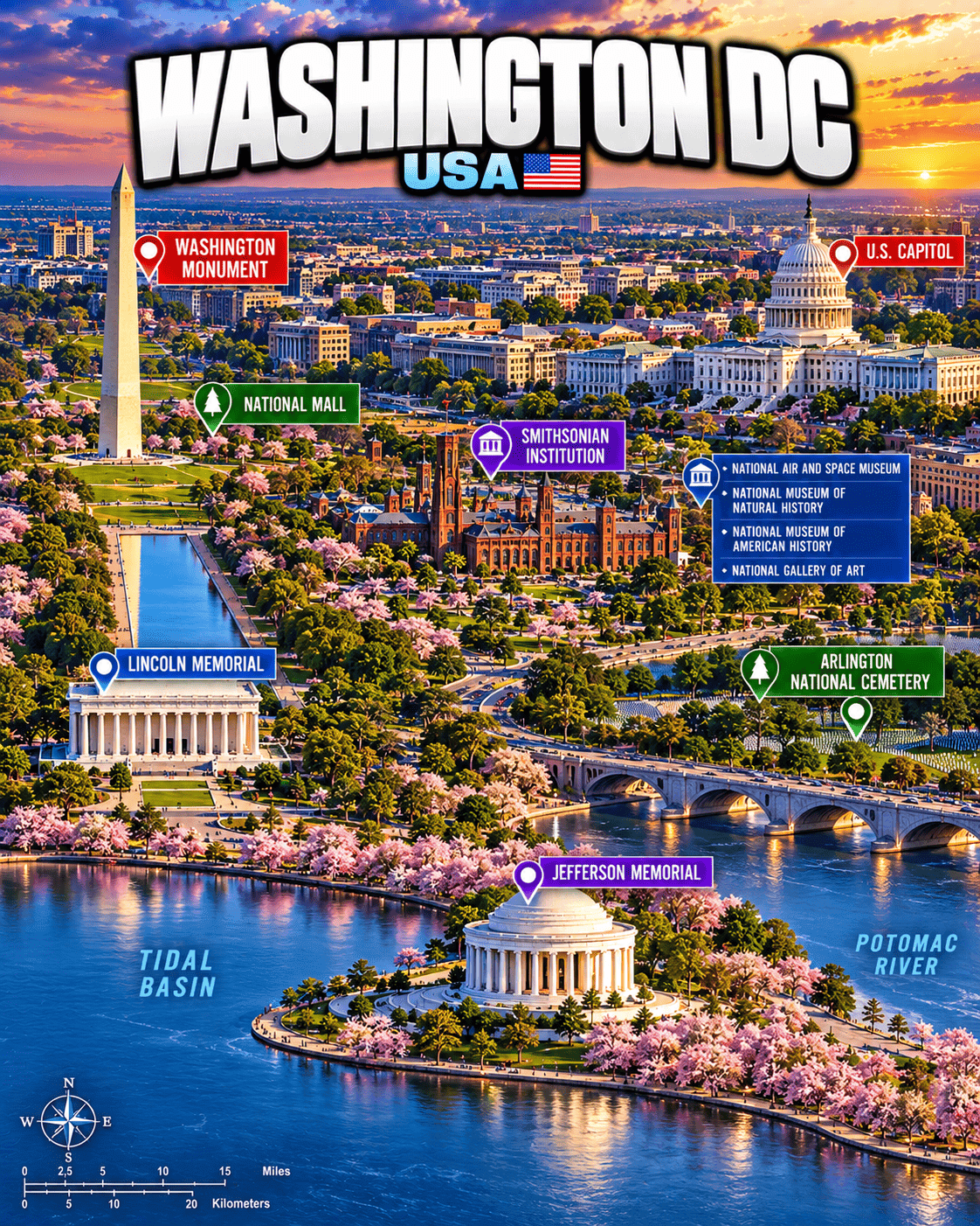 Washington D.C. tourist map with Washington Monument, U.S. Capitol, National Mall, Smithsonian Institution, Lincoln Memorial, Arlington National Cemetery and Jefferson Memorial