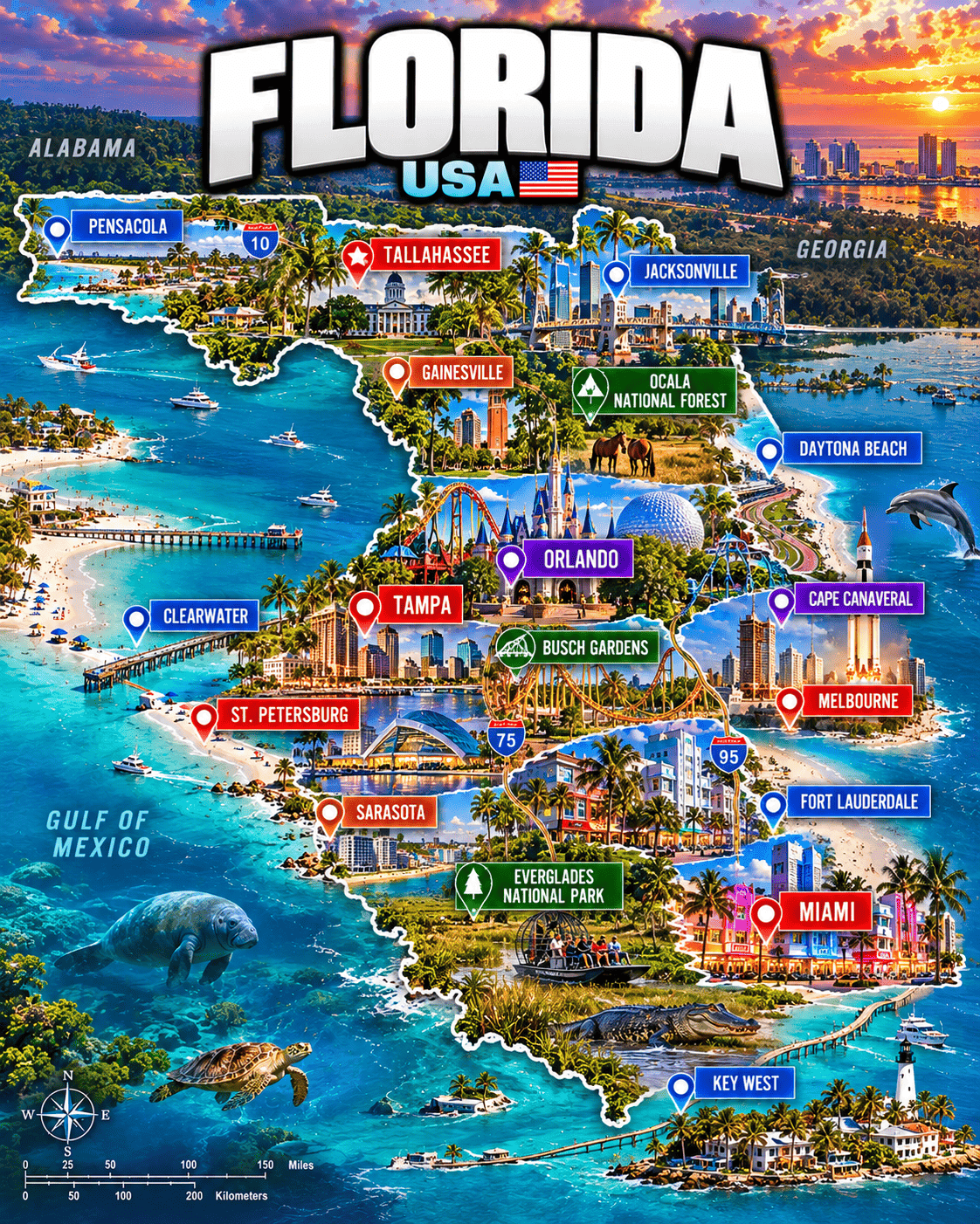 Tourist map of Florida with Orlando, Miami, Tampa, Key West, Everglades, Jacksonville and other destinations