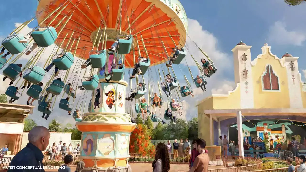 ender conceptual del área Puss in Boots: Land of Del Mar en Universal Kids Resort Texas, con una atracción de sillas voladoras inspirada en el Gato con Botas.