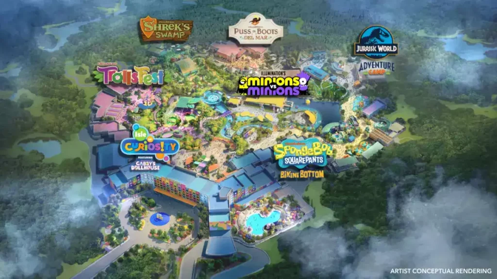 Mapa conceptual del nuevo Universal Kids Resort en Texas, con zonas temáticas dedicadas a Minions, Shrek, Trolls, Jurassic World y SpongeBob SquarePants