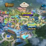 Mapa conceptual del nuevo Universal Kids Resort en Texas, con zonas temáticas dedicadas a Minions, Shrek, Trolls, Jurassic World y SpongeBob SquarePants