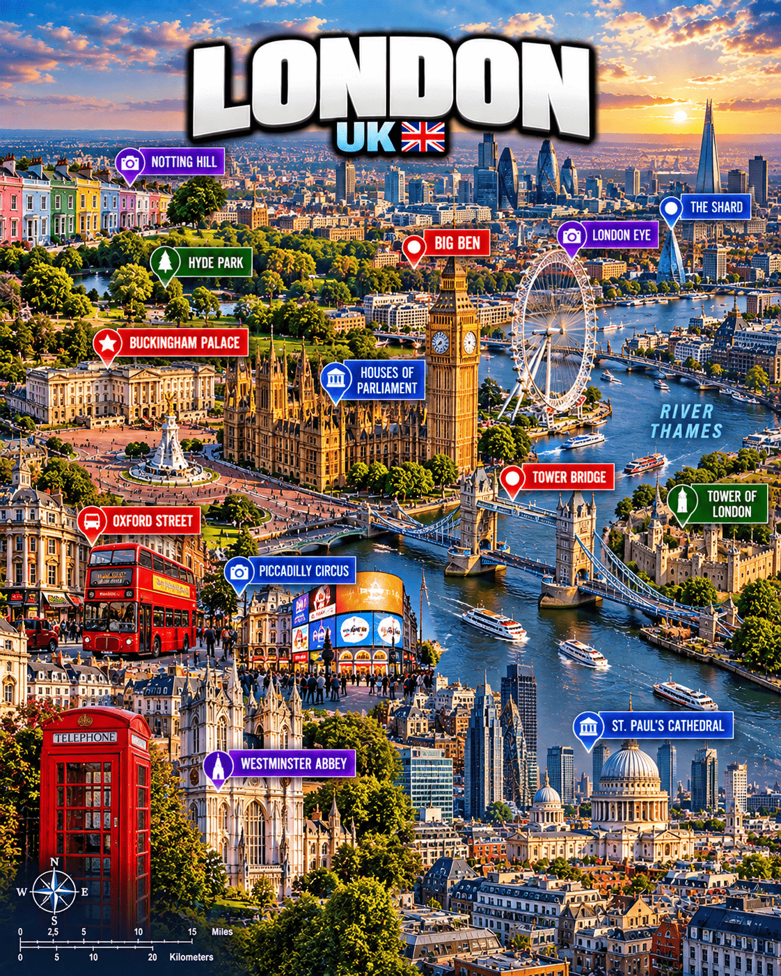 Tourist map of London with Big Ben, Buckingham Palace, London Eye, Tower Bridge, Tower of London, Westminster Abbey, Hyde Park and other highlights