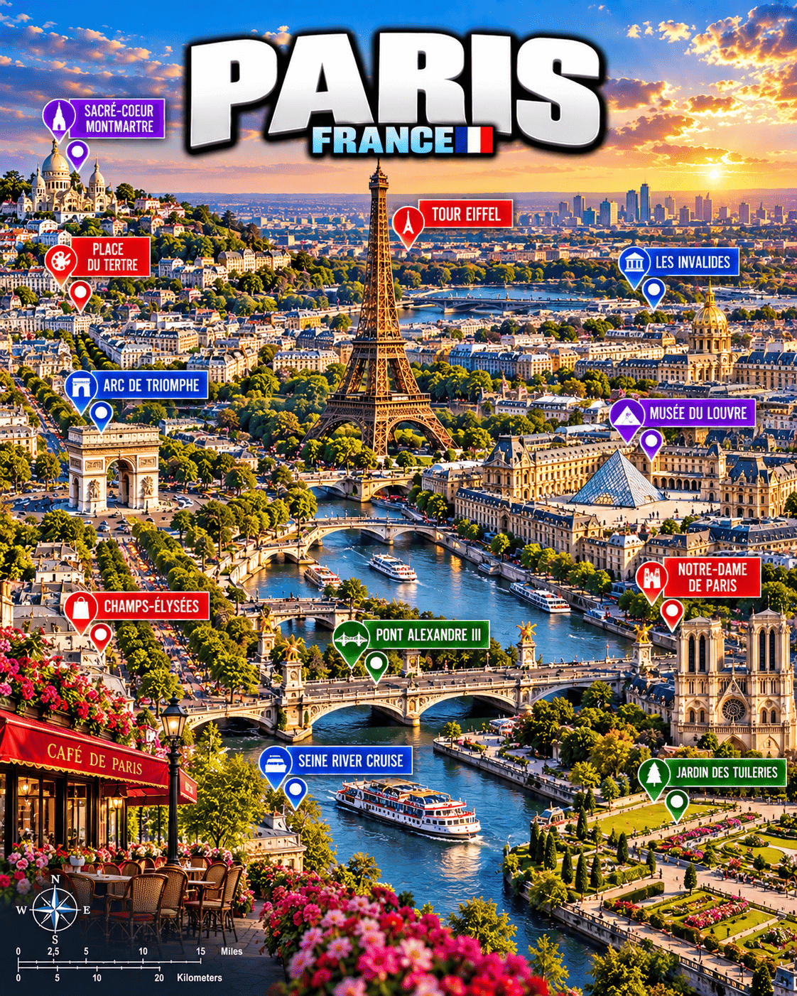 Paris tourist map with Eiffel Tower, Louvre Museum, Arc de Triomphe, Notre-Dame, Montmartre, Champs Elysées and other highlights