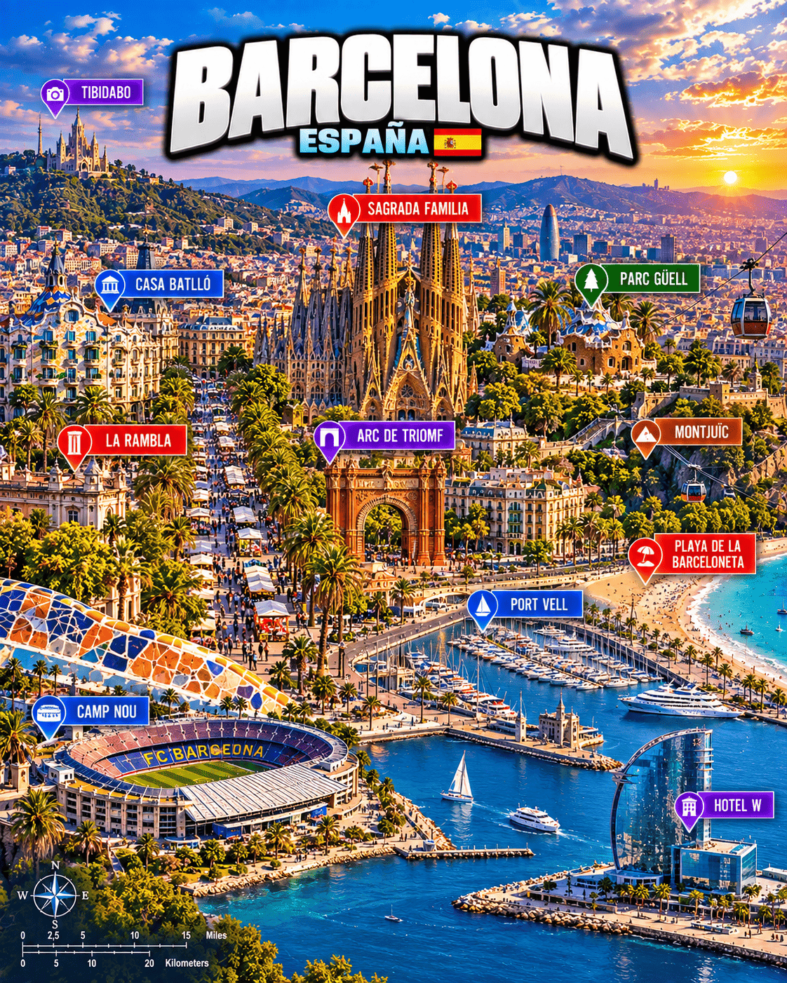 Tourist map of Barcelona with Sagrada Família, Parc Güell, Casa Batlló, La Rambla, Arc de Triomf, Montjuïc, Barceloneta, Port Vell, Camp Nou and Tibidabo