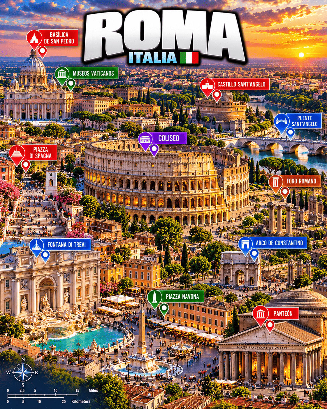 Tourist map of Rome with Colosseum, Trevi Fountain, Basilica of St. Peter, Vatican Museums, Roman Forum, Pantheon, Piazza Navona and other highlights