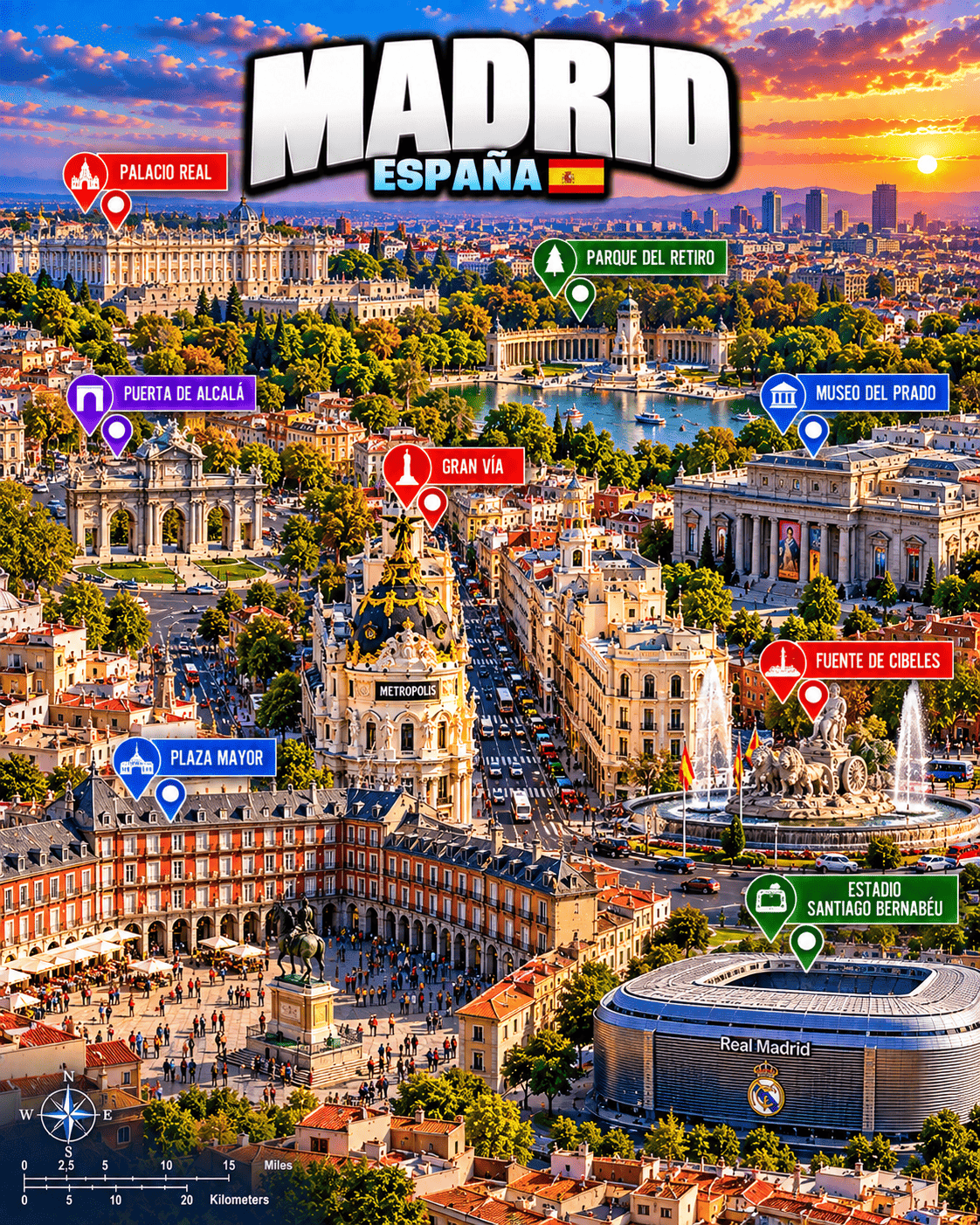 Tourist map of Madrid with Royal Palace, Retiro Park, Puerta de Alcalá, Prado Museum, Gran Vía, Cibeles Fountain, Plaza Mayor and Santiago Bernabéu Stadium