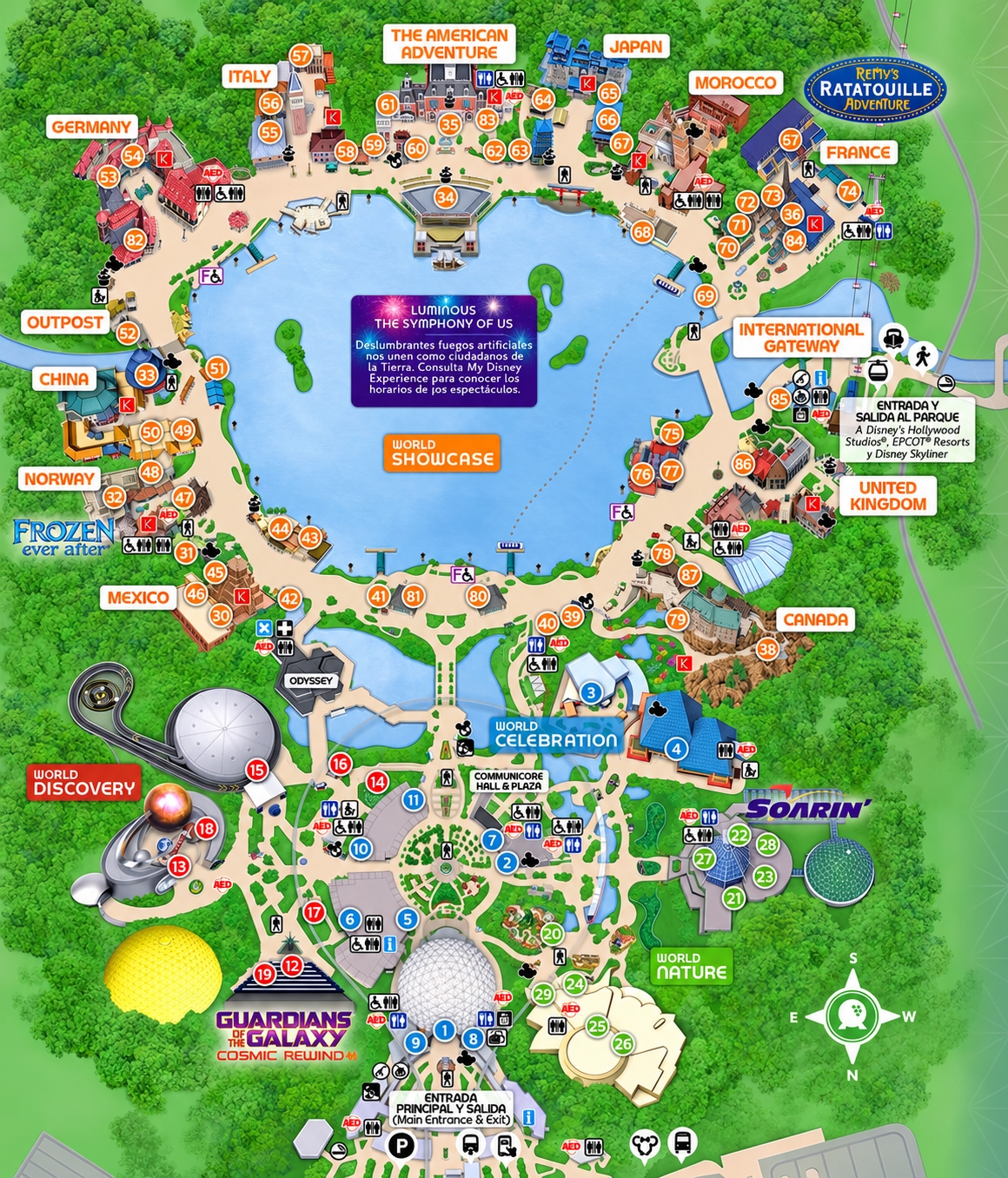 Mapa de EPCOT con 87 puntos de interés